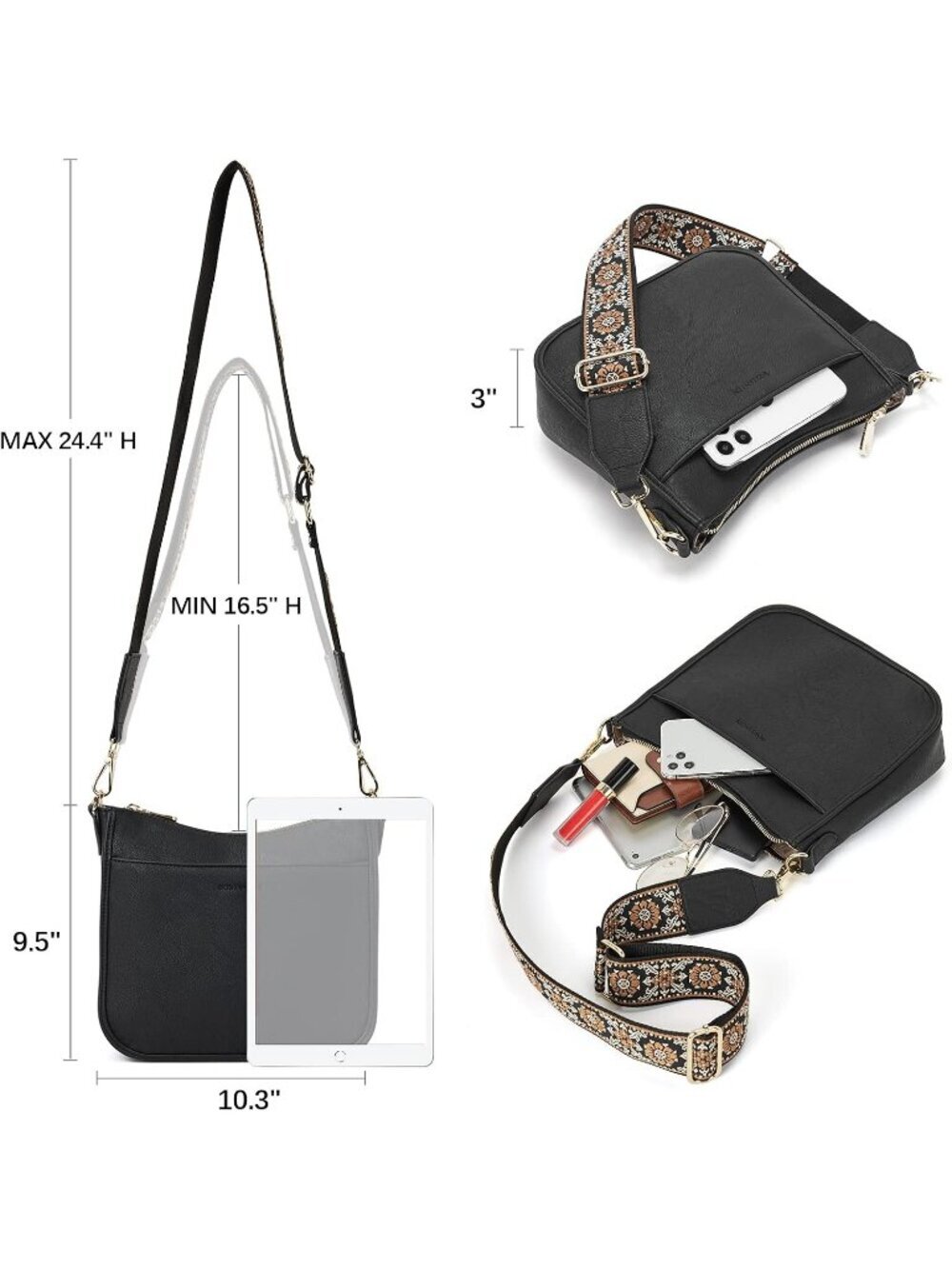 Women's Black Vegan Leather Crossbody Bags Trendy Wide Shoulder Strap Hobo Bags - Picture 3 of 6